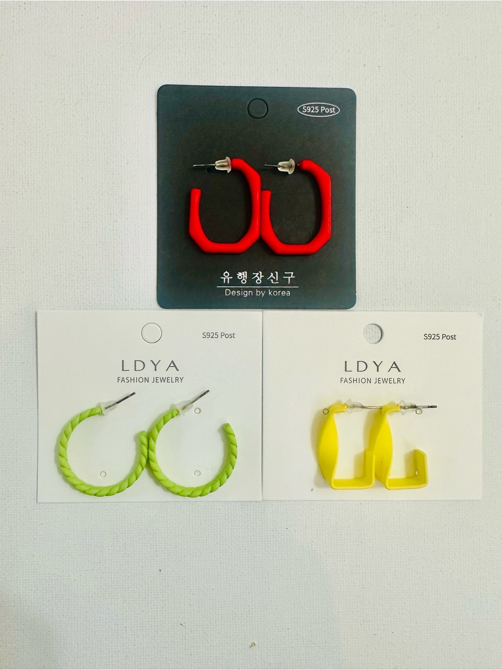 3-Pair Colorful Geometric Hoop Earrings Bundle Red Green Yellow